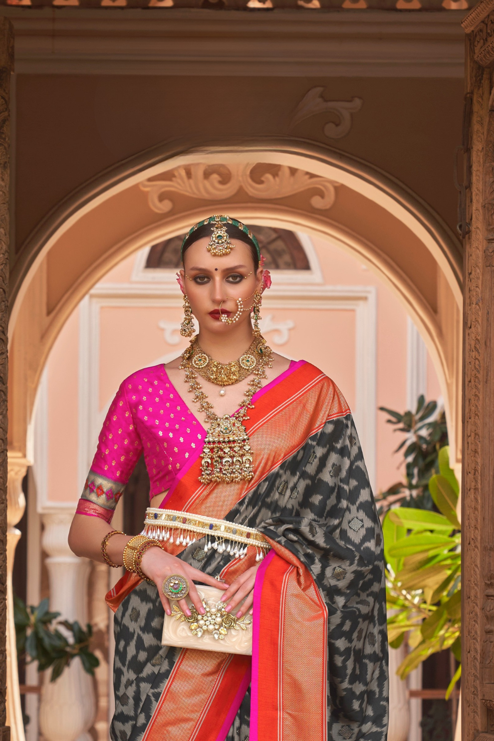 Banarasi Georgette Satin Saree with Artistic Print Detailing