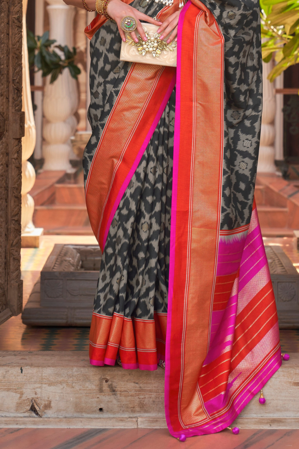 Banarasi Georgette Satin Saree with Artistic Print Detailing
