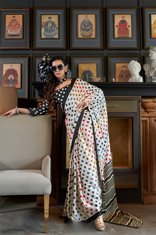 Patola Printed Satin Crepe Saree with Rich Ethnic Detailing