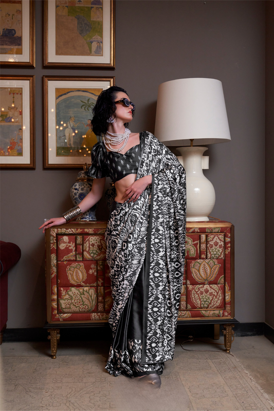Patola Printed Satin Crepe Saree with Rich Ethnic Detailing