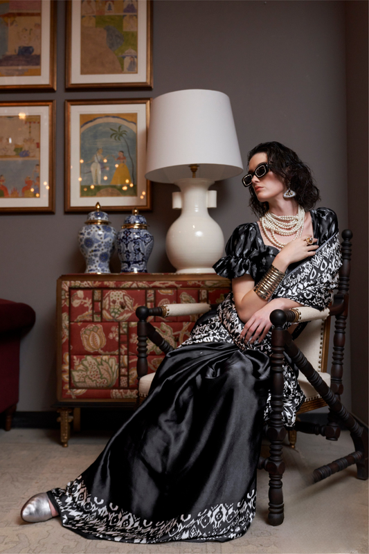 Patola Printed Satin Crepe Saree with Rich Ethnic Detailing