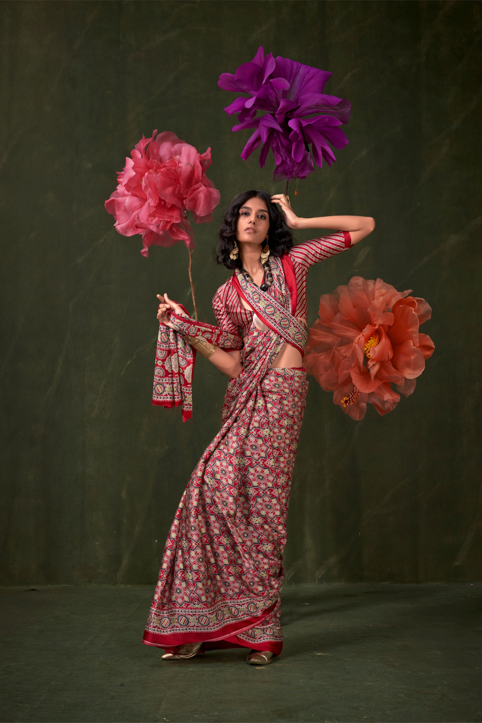 Printed Ajrakh Satin Crepe Saree with Ethnic Artistic Patterns