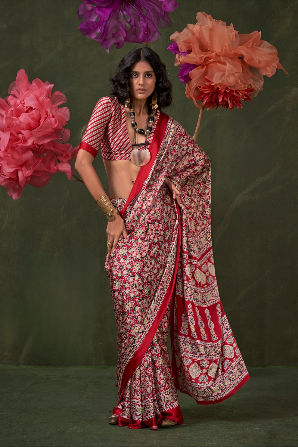 Printed Ajrakh Satin Crepe Saree with Ethnic Artistic Patterns