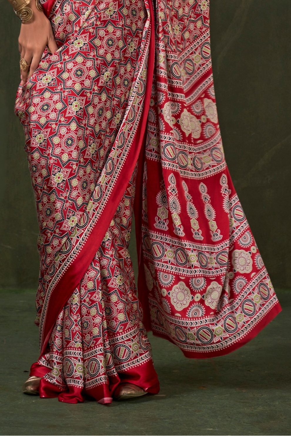 Printed Ajrakh Satin Crepe Saree with Ethnic Artistic Patterns