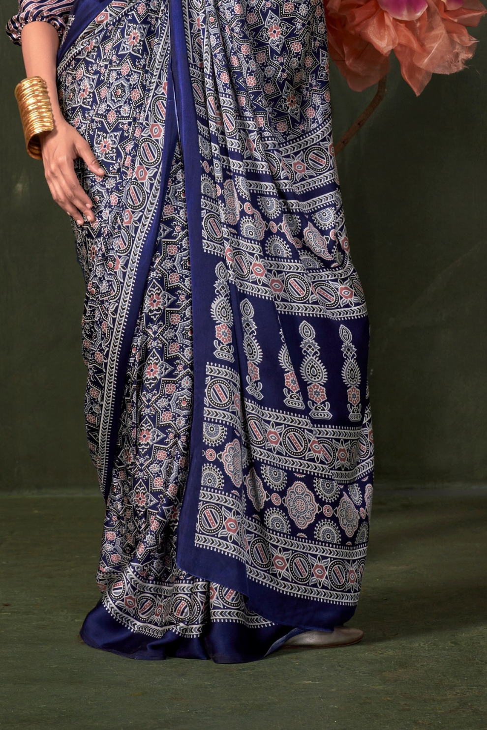 Printed Ajrakh Satin Crepe Saree with Ethnic Artistic Patterns