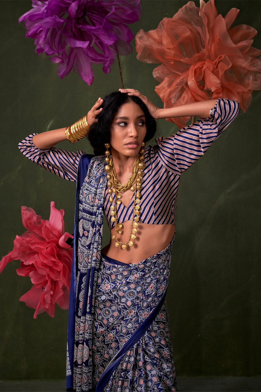 Printed Ajrakh Satin Crepe Saree with Ethnic Artistic Patterns