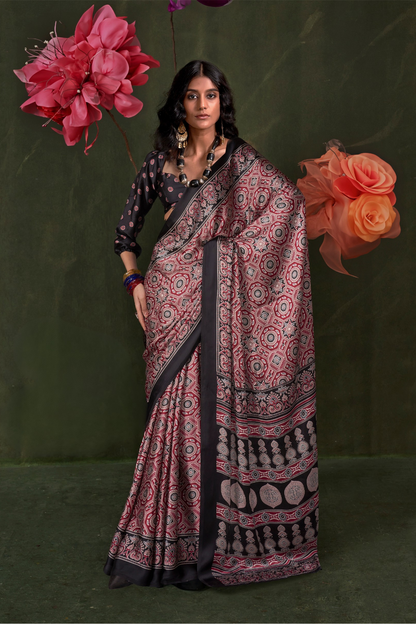 Printed Ajrakh Satin Crepe Saree with Ethnic Artistic Patterns