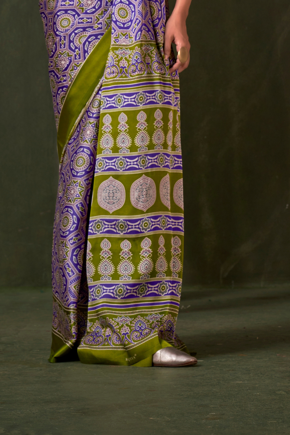 Printed Ajrakh Satin Crepe Saree with Ethnic Artistic Patterns