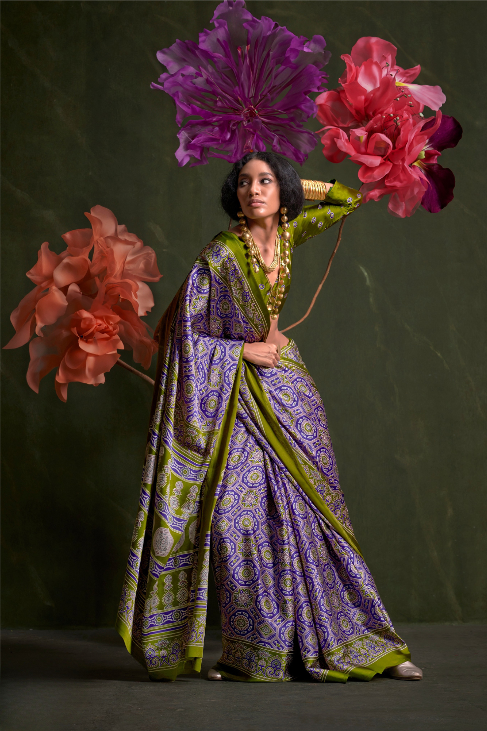 Printed Ajrakh Satin Crepe Saree with Ethnic Artistic Patterns