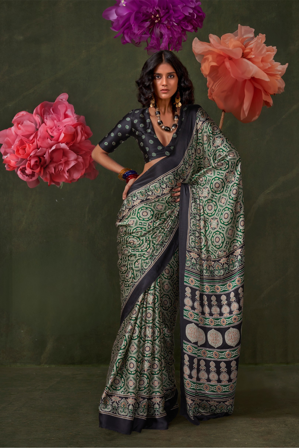Printed Ajrakh Satin Crepe Saree with Ethnic Artistic Patterns