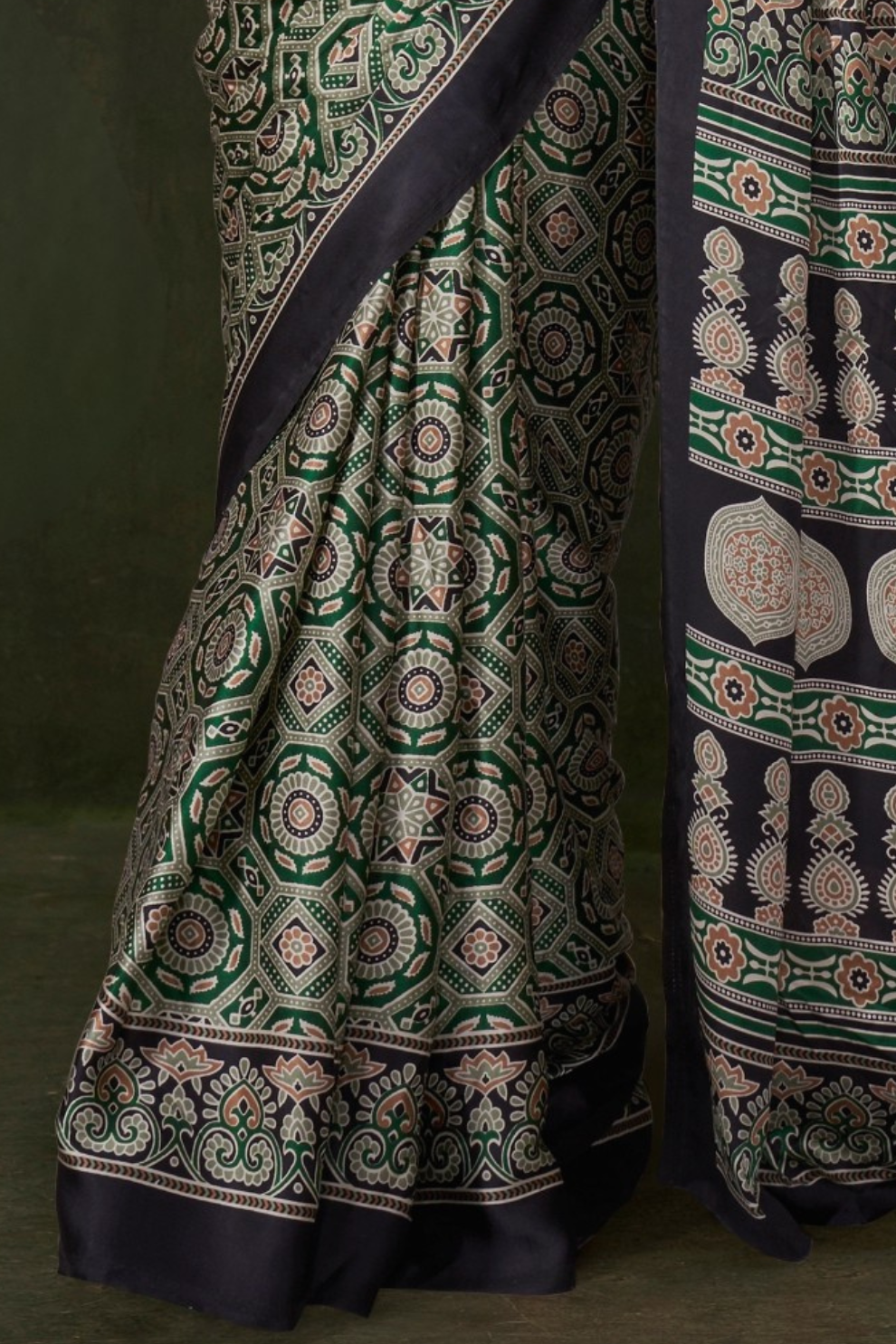 Printed Ajrakh Satin Crepe Saree with Ethnic Artistic Patterns