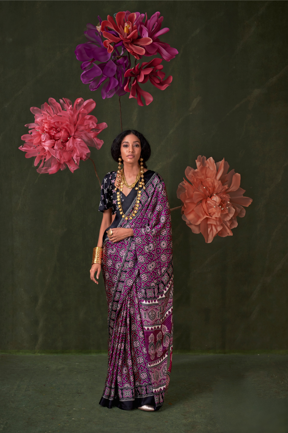 Printed Ajrakh Satin Crepe Saree with Ethnic Artistic Patterns