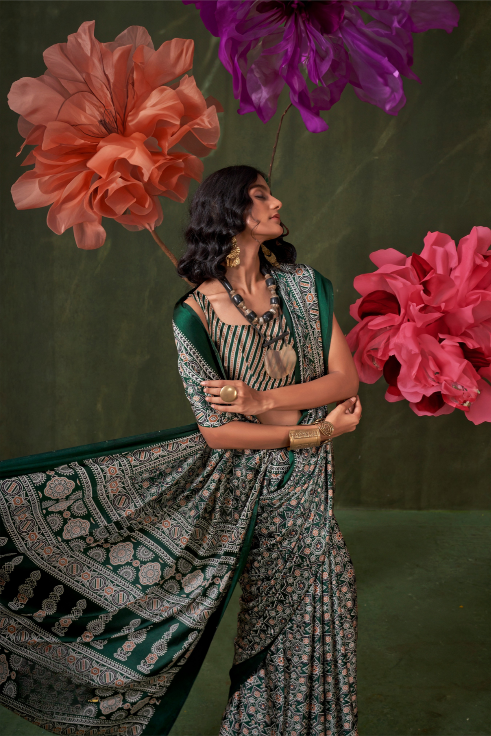 Printed Ajrakh Satin Crepe Saree with Ethnic Artistic Patterns