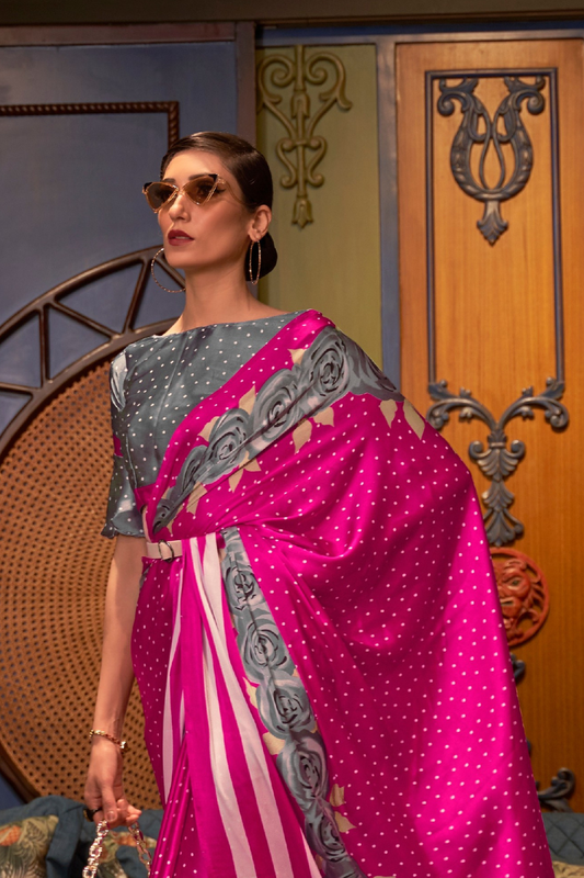 Printed Japan Satin Creep Saree with Elegant Flowing Drape