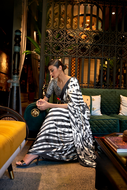 Printed Japan Satin Creep Saree with Elegant Flowing Drape