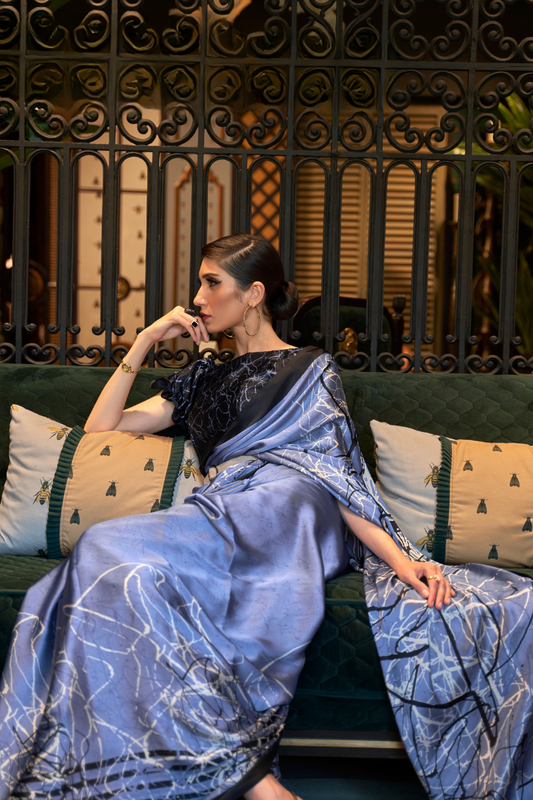 Printed Japan Satin Creep Saree with Elegant Flowing Drape