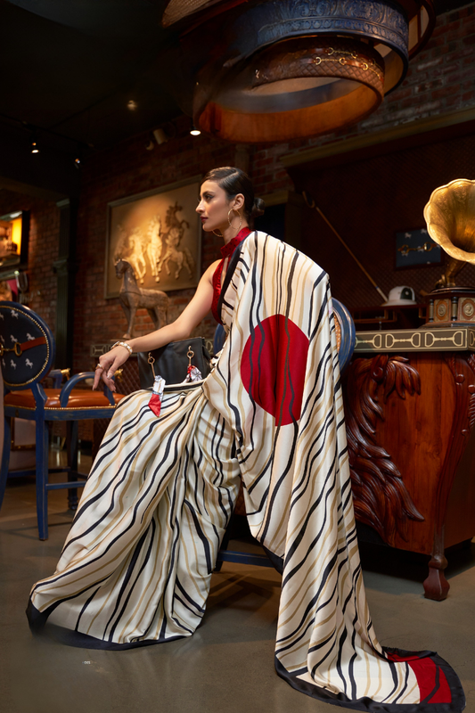 Printed Japan Satin Creep Saree with Elegant Flowing Drape