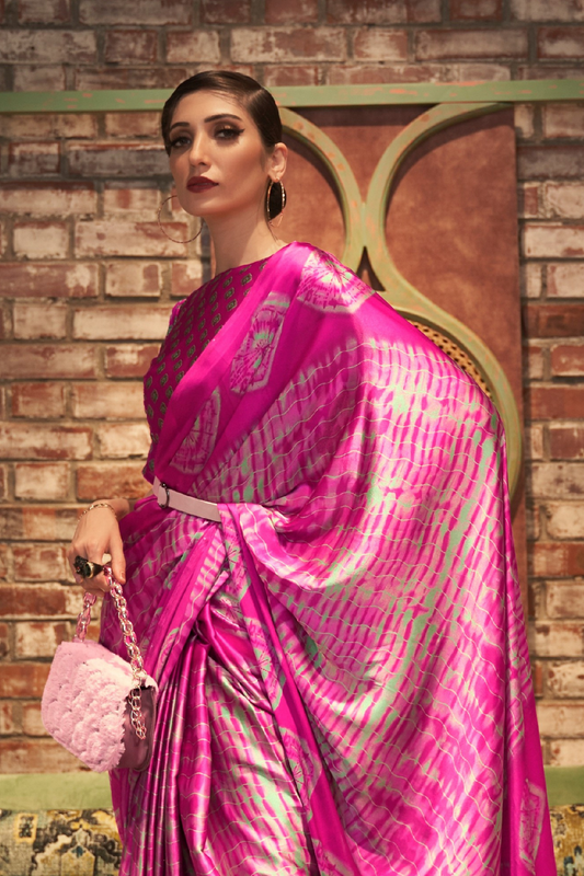 Printed Japan Satin Creep Saree with Elegant Flowing Drape