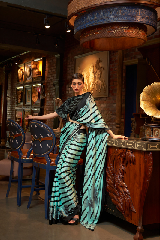 Printed Japan Satin Creep Saree with Elegant Flowing Drape