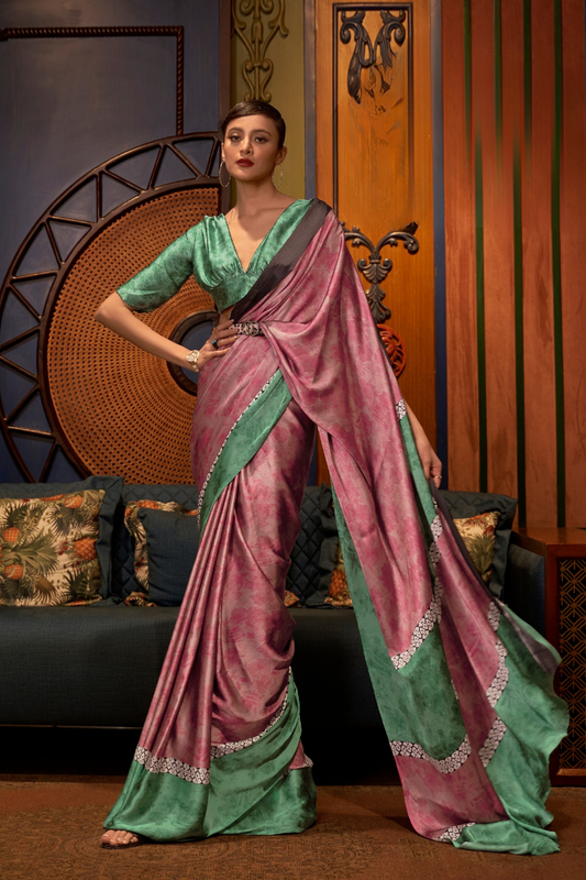 Printed Japan Satin Creep Saree with Elegant Flowing Drape