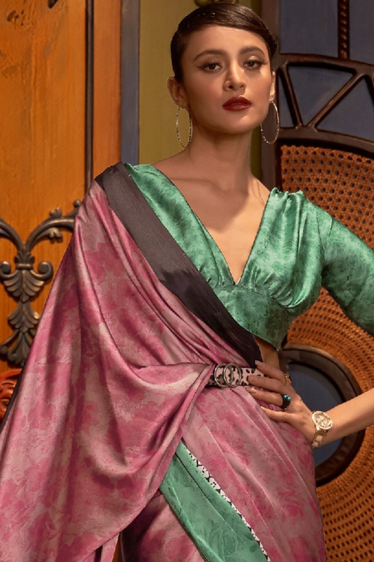 Printed Japan Satin Creep Saree with Elegant Flowing Drape