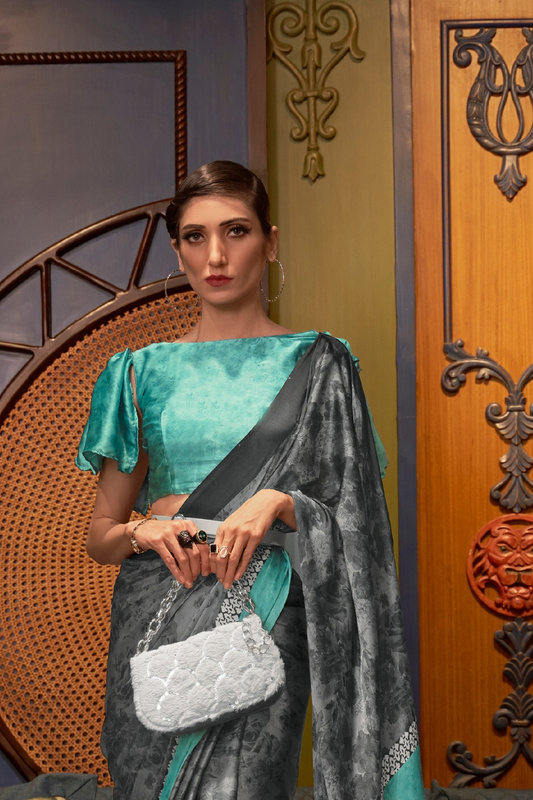 Printed Japan Satin Creep Saree with Elegant Flowing Drape