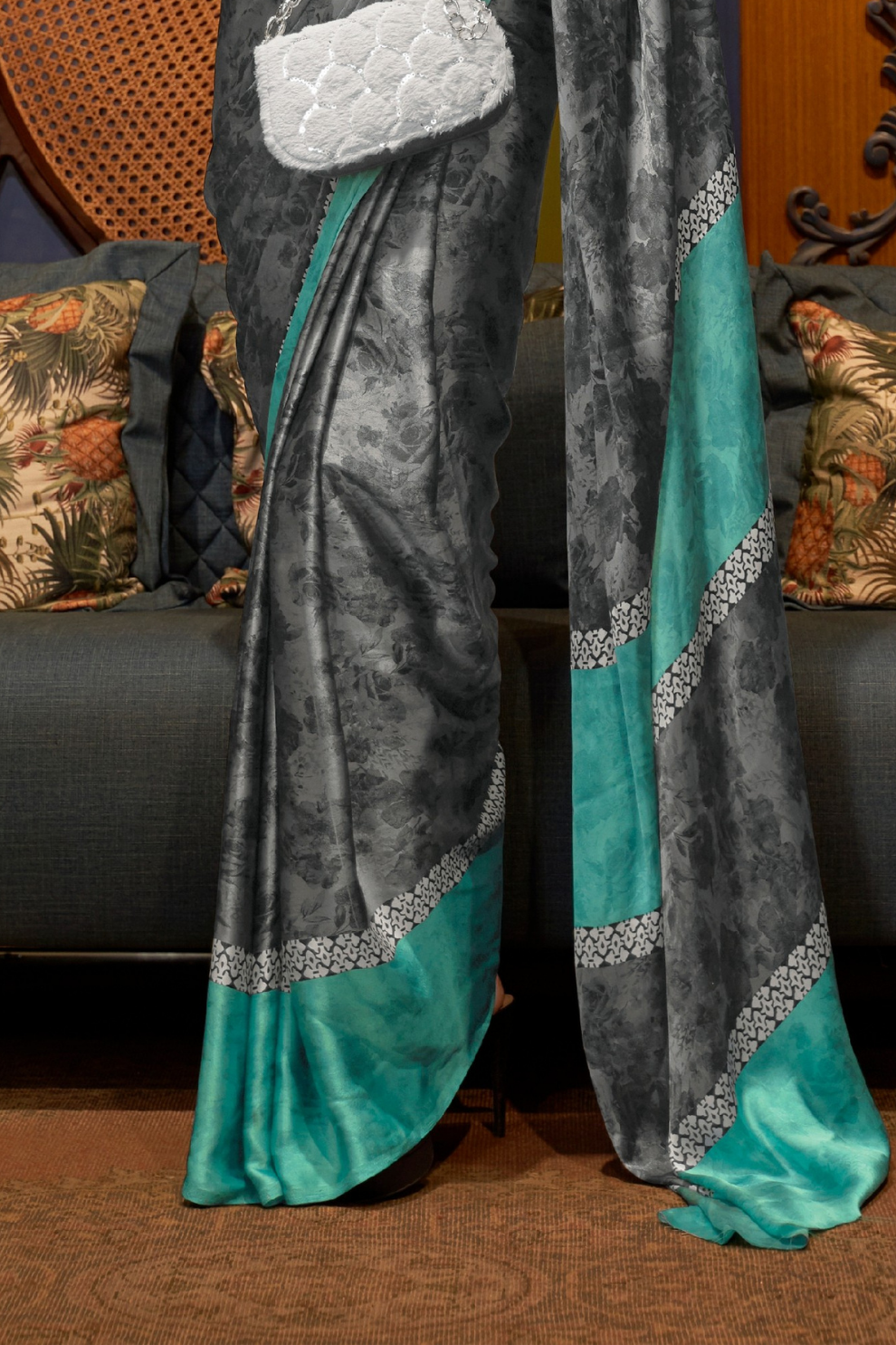 Printed Japan Satin Creep Saree with Elegant Flowing Drape
