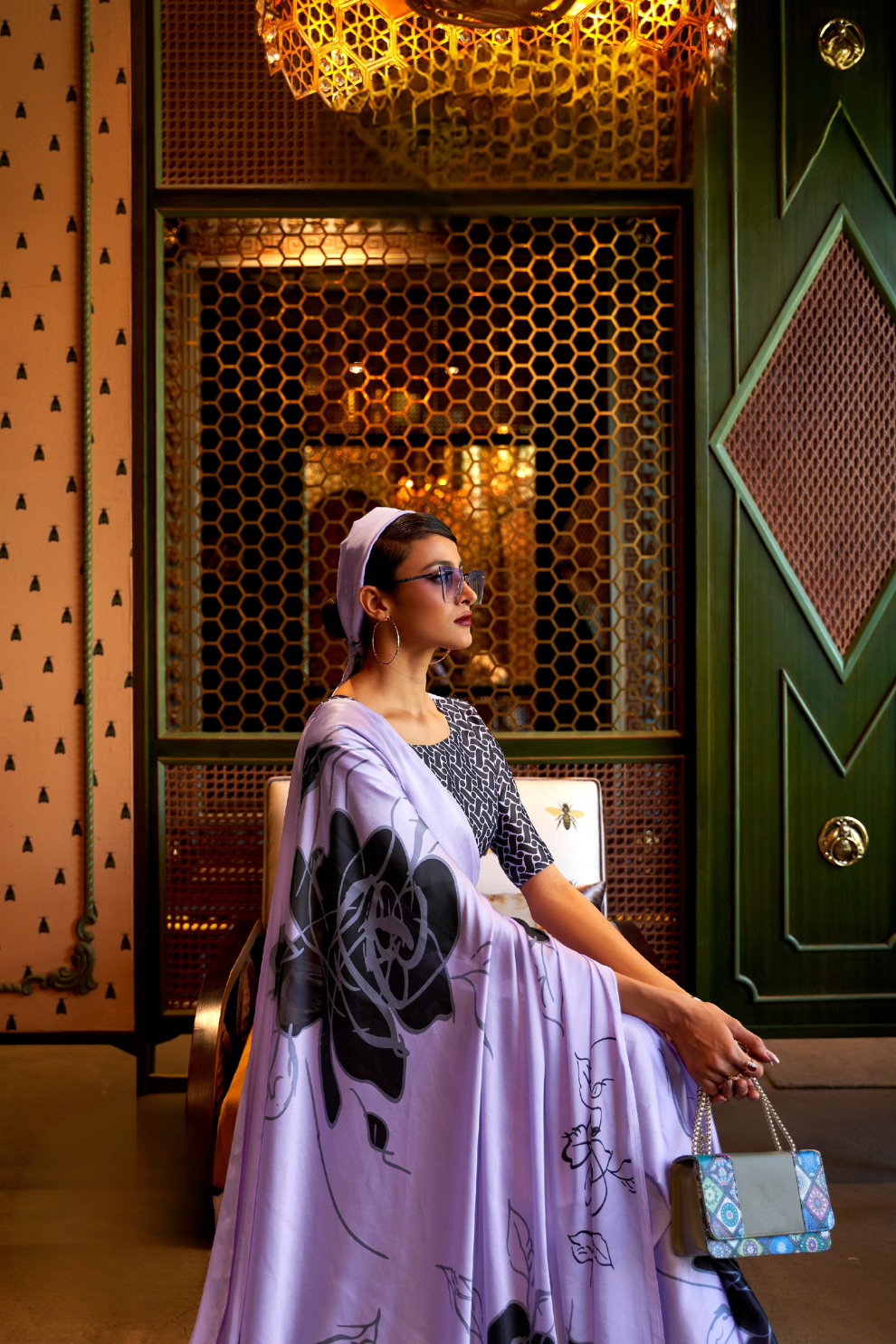 Printed Japan Satin Creep Saree with Elegant Flowing Drape