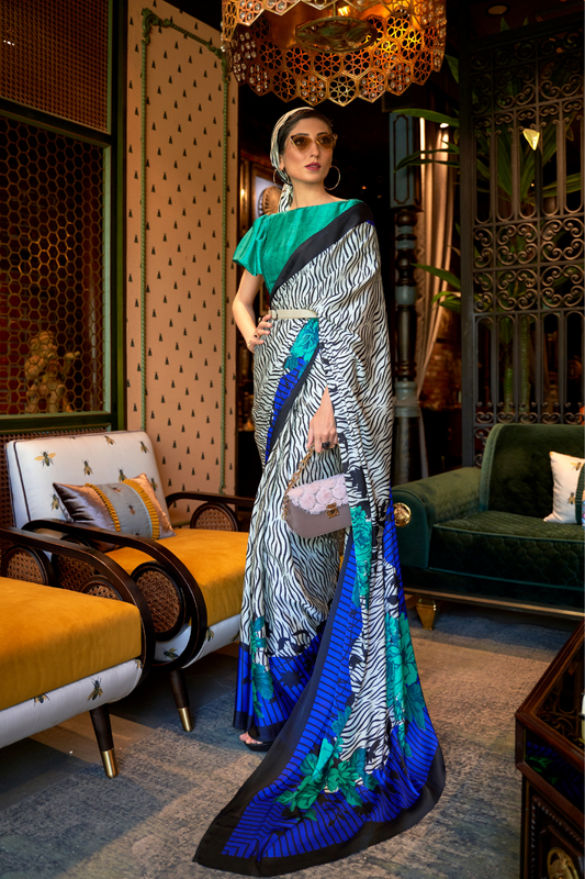 Printed Japan Satin Creep Saree with Elegant Flowing Drape