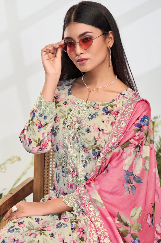 Elegent Pure Cotton Digital Print With Embroidery Designer Festive Wear Salwar Suit Set