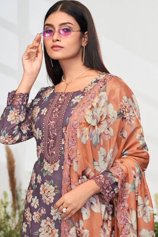 Elegent Pure Cotton Digital Print With Embroidery Designer Festive Wear Salwar Suit Set