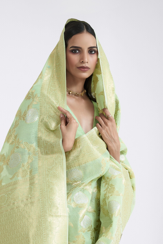 Traditional Linen Silk Saree with Elegant Zari Patterns