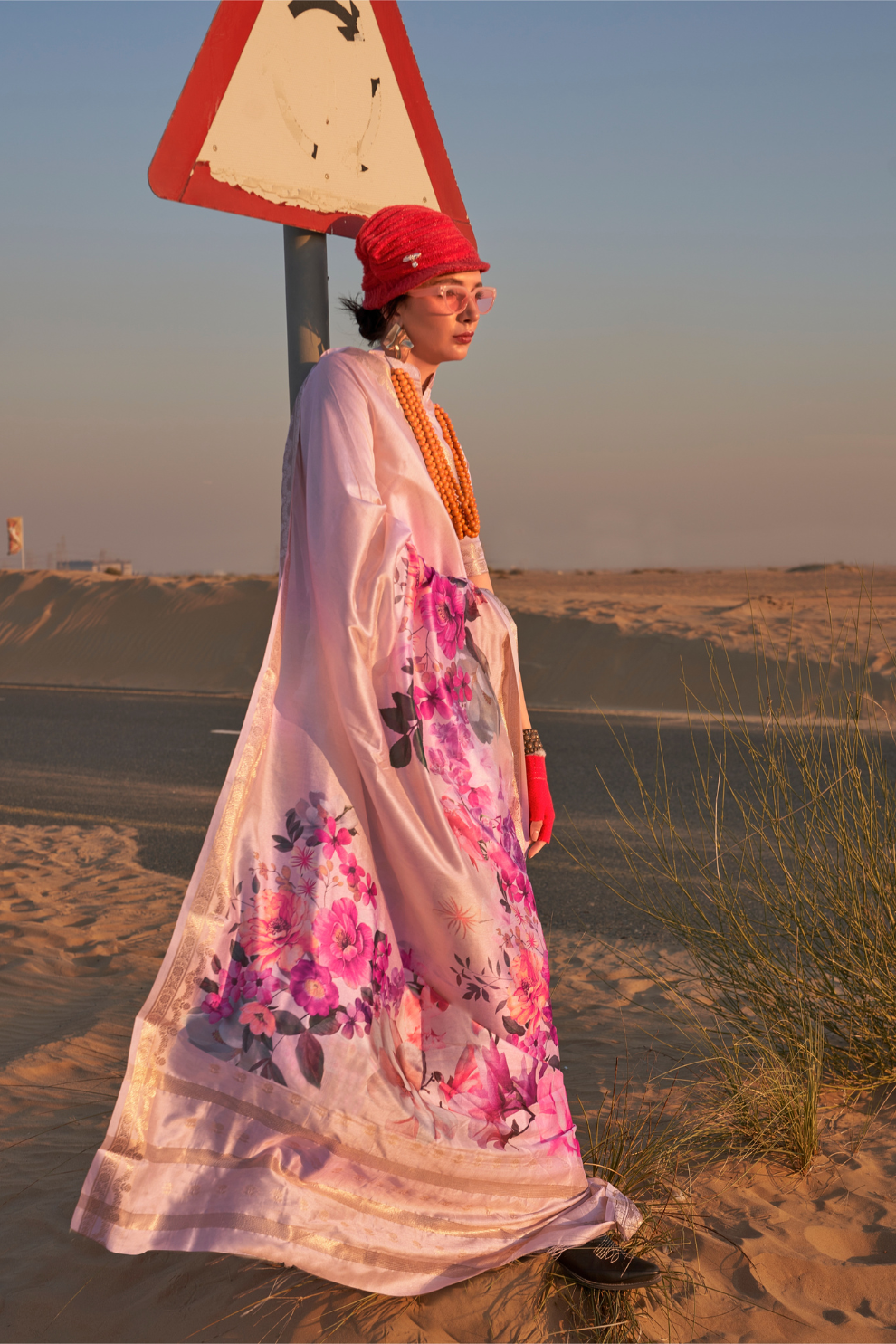 Printed Tussar Silk Saree with Elegant Artistic Patterns