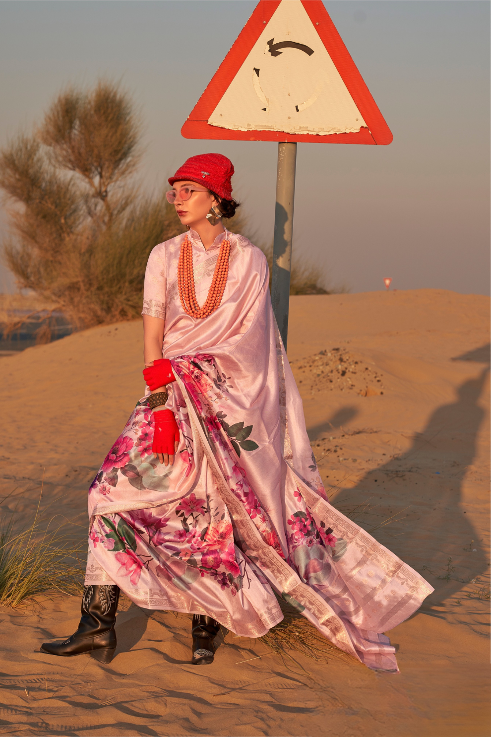 Printed Tussar Silk Saree with Elegant Artistic Patterns