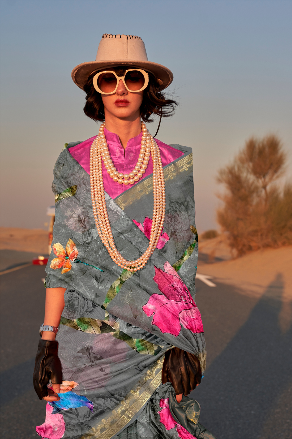 Printed Tussar Silk Saree with Elegant Artistic Patterns