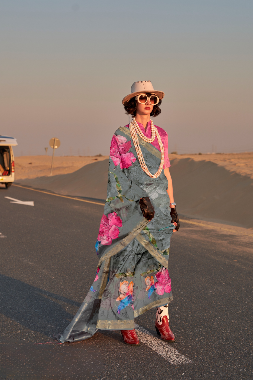 Printed Tussar Silk Saree with Elegant Artistic Patterns