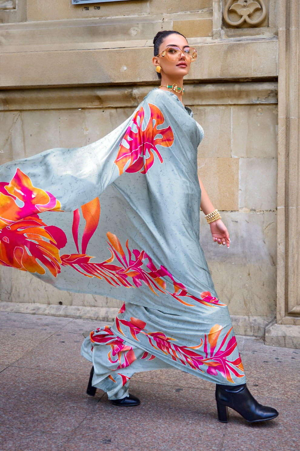 Printed Satin Creep Saree with Smooth Modern Style Finish