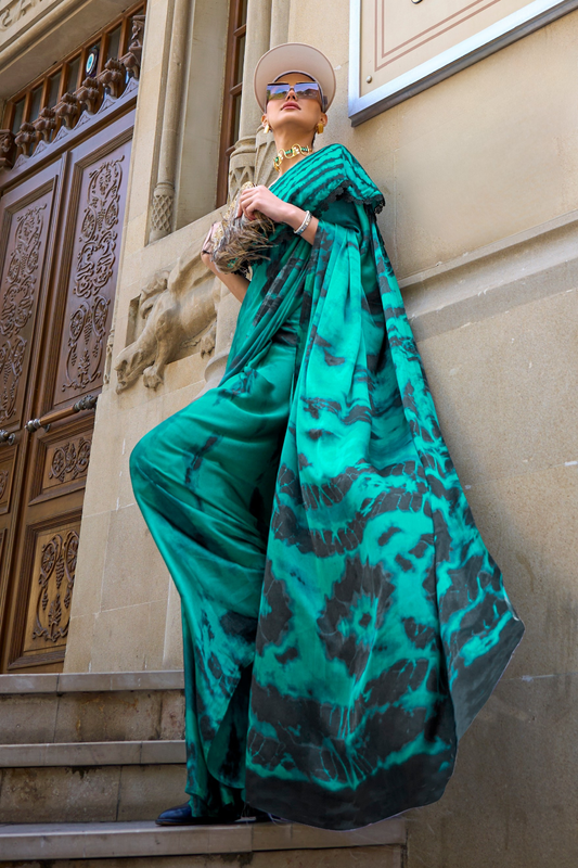 Printed Satin Creep Saree with Smooth Modern Style Finish