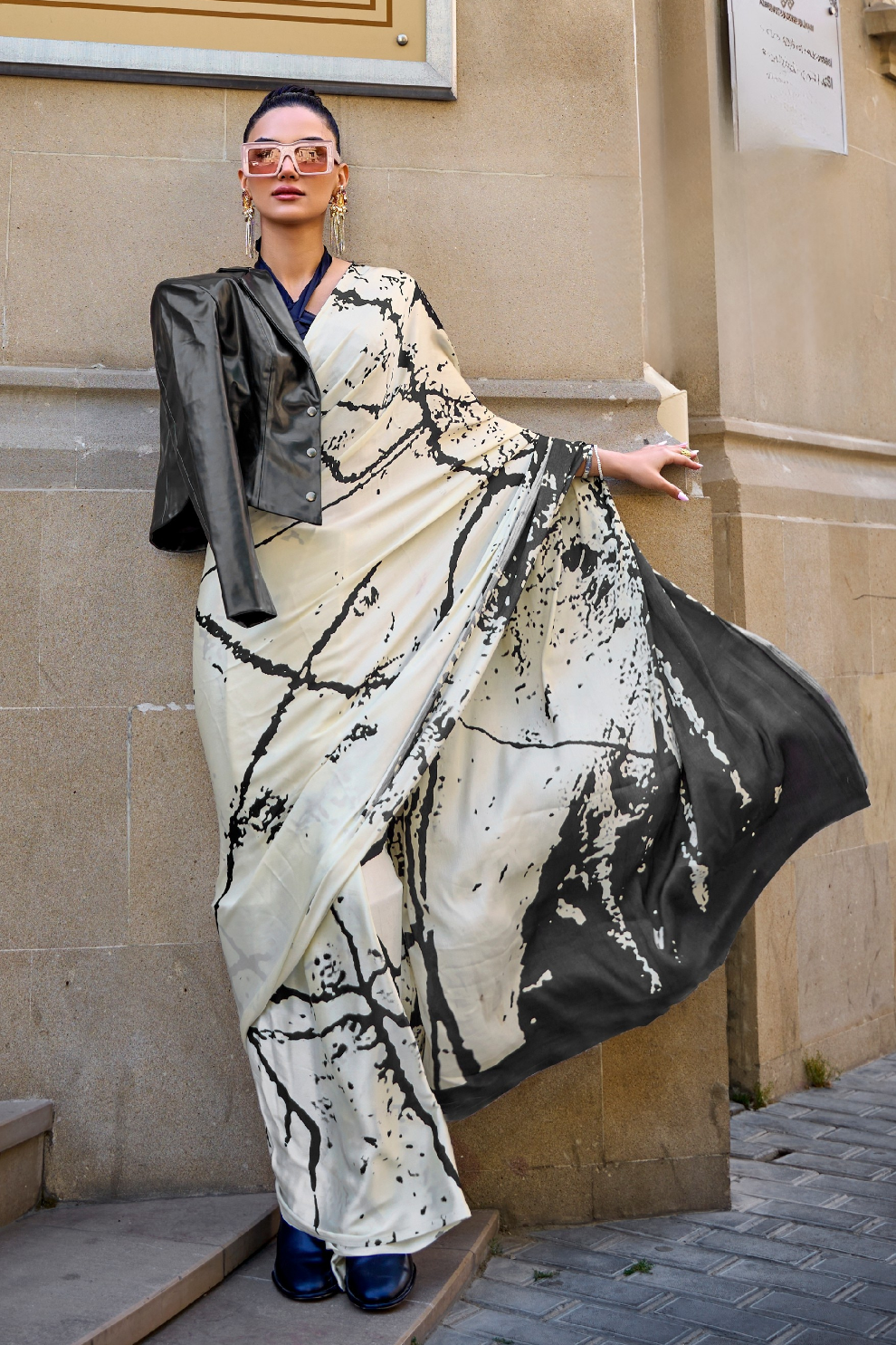 Printed Satin Creep Saree with Smooth Modern Style Finish
