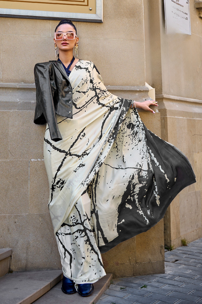 Printed Satin Creep Saree with Smooth Modern Style Finish