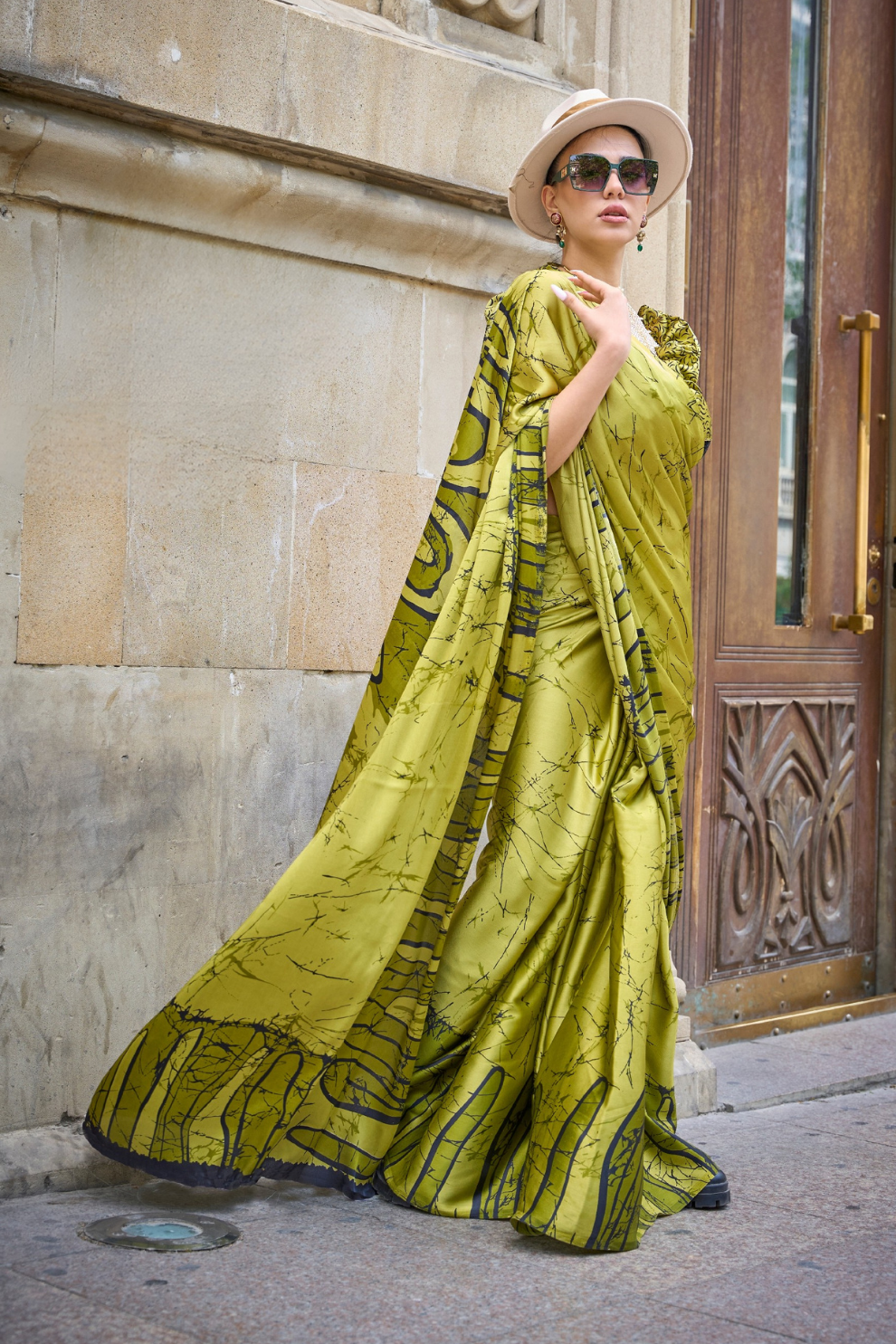 Printed Satin Creep Saree with Smooth Modern Style Finish