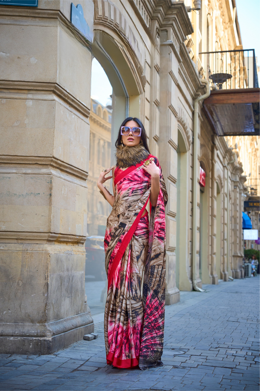 Printed Satin Crepe Saree with Soft Silky Fall and Shine