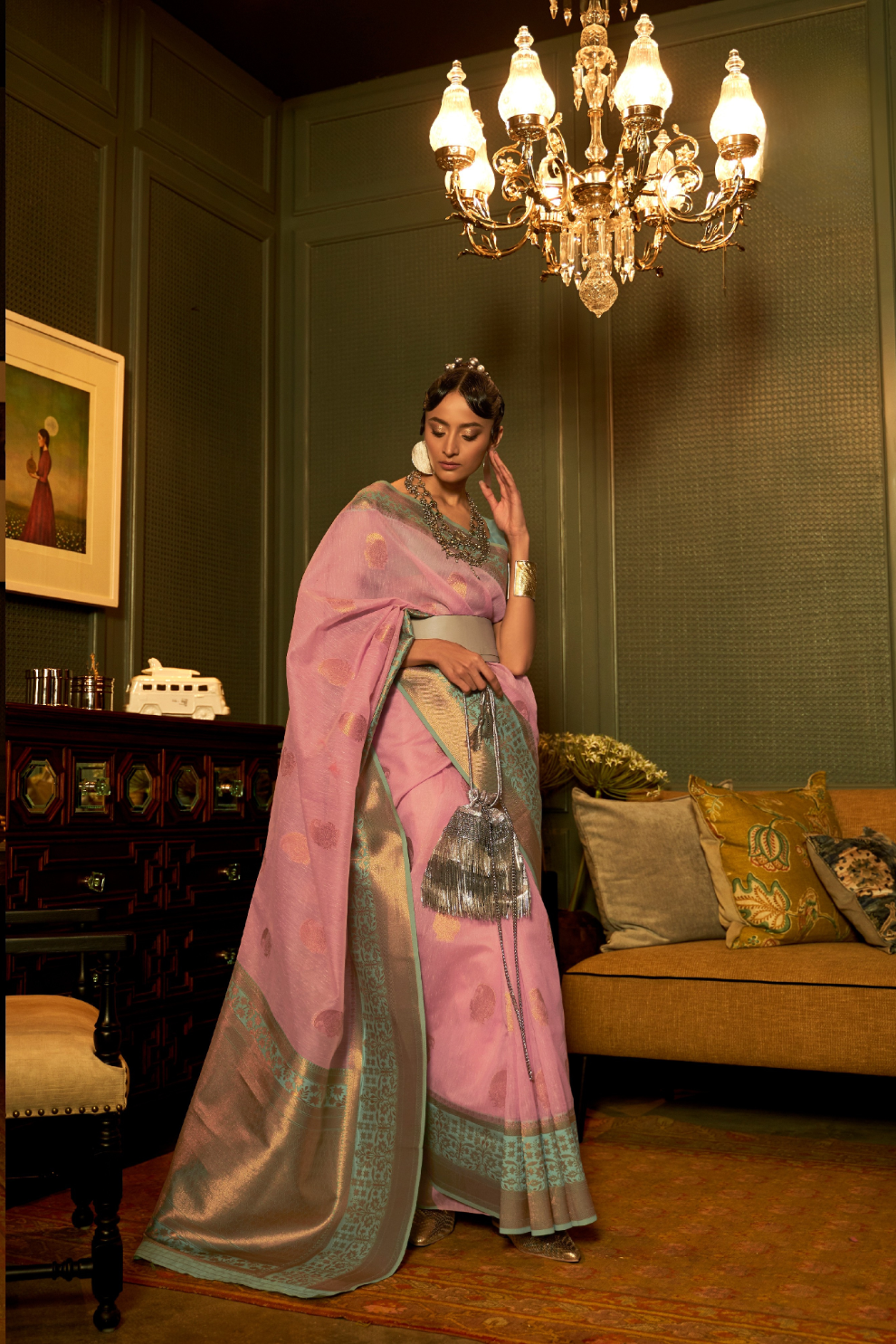 Pure Linen Weaving Saree with Stylish Copper Zari Work