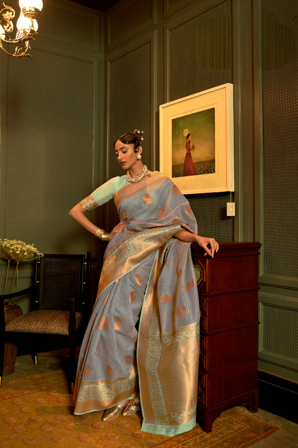 Pure Linen Weaving Saree with Stylish Copper Zari Work