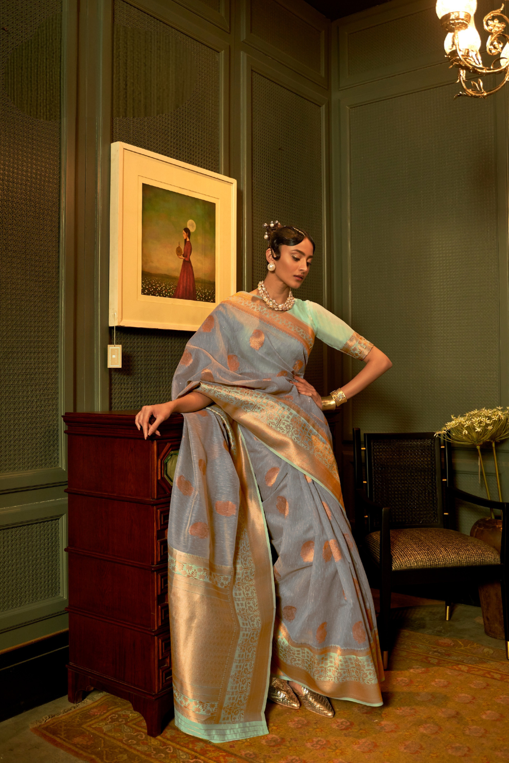 Pure Linen Weaving Saree with Stylish Copper Zari Work