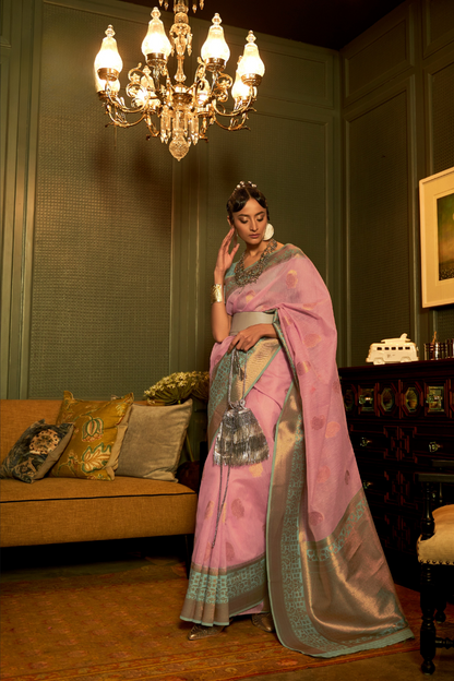 Pure Linen Weaving Saree with Stylish Copper Zari Work