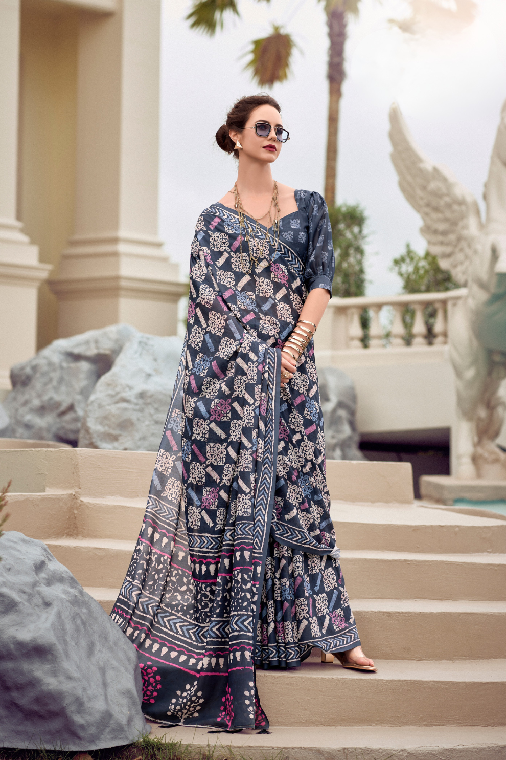 Elegant Whispers Pure Mal Mal Cotton Saree in Modern Digital Motifs - LaVante Fashion