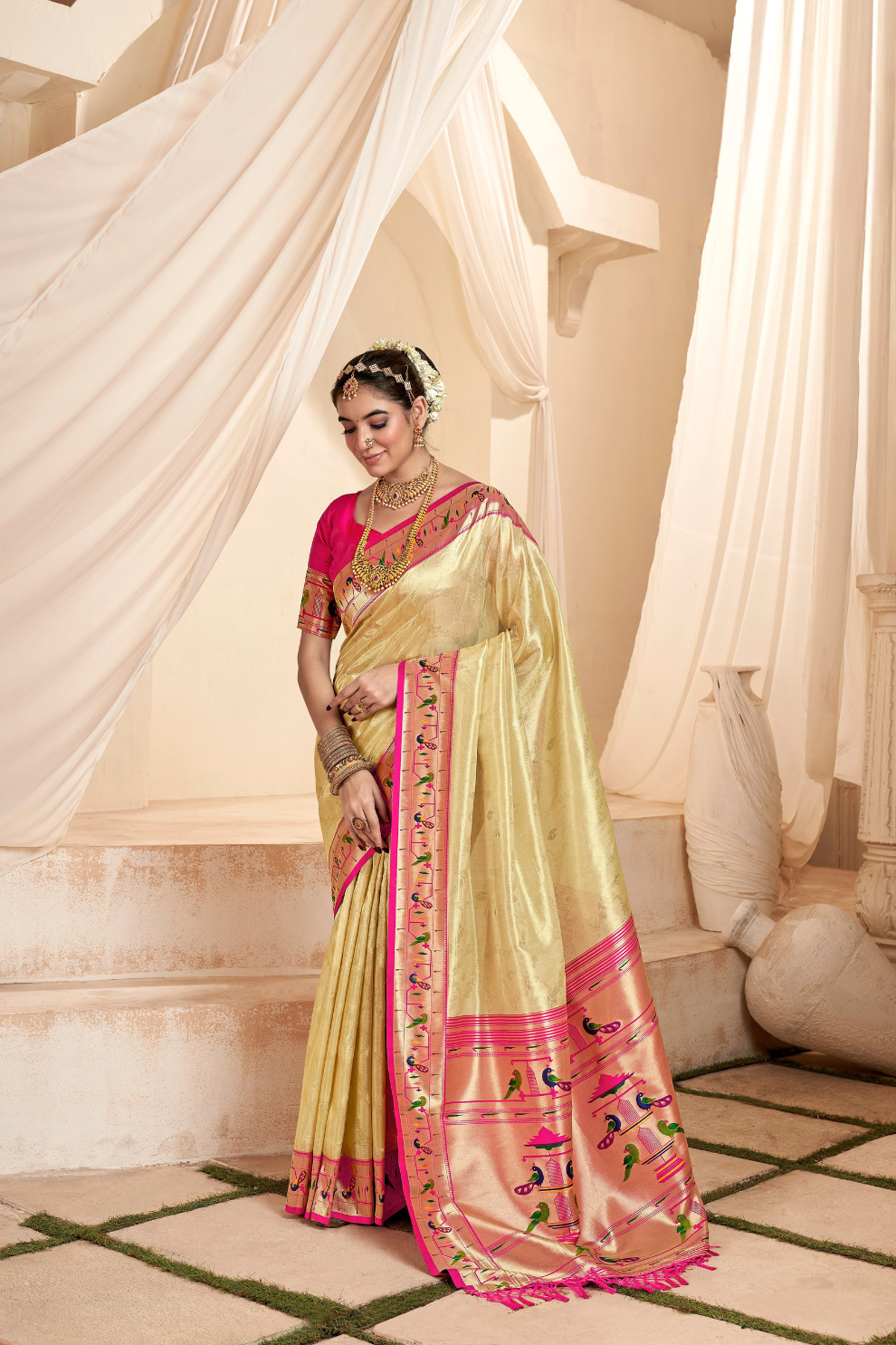 Pure Paithani Tissue Silk Saree with Rich Zari Border - LaVante Fashion