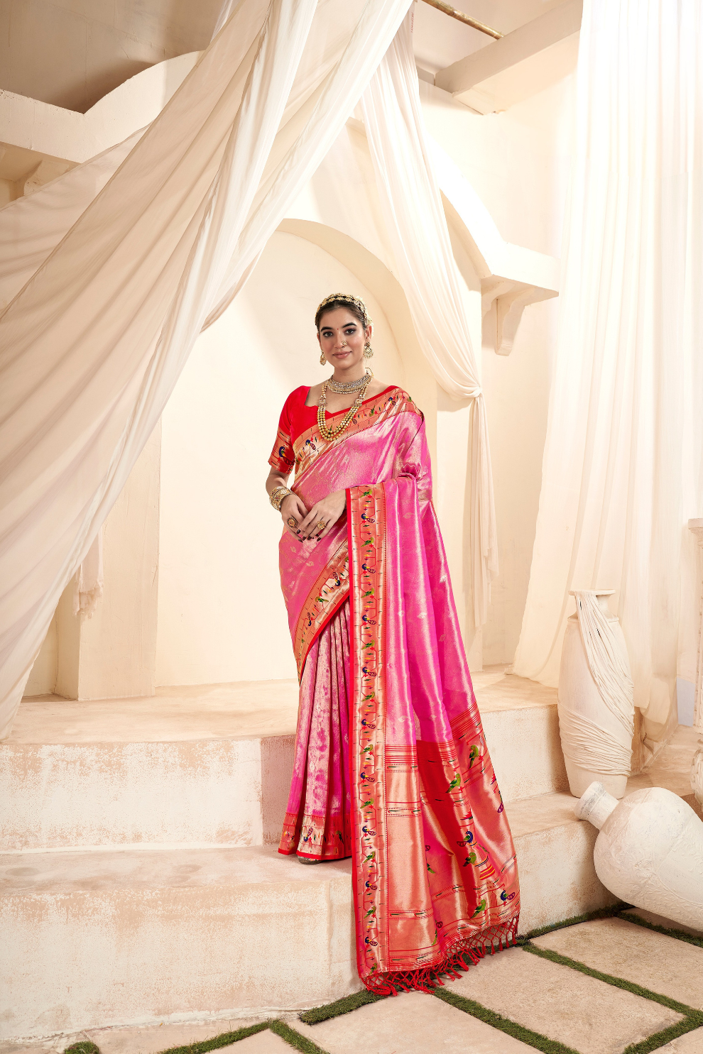 Pure Paithani Tissue Silk Saree with Rich Zari Border - LaVante Fashion