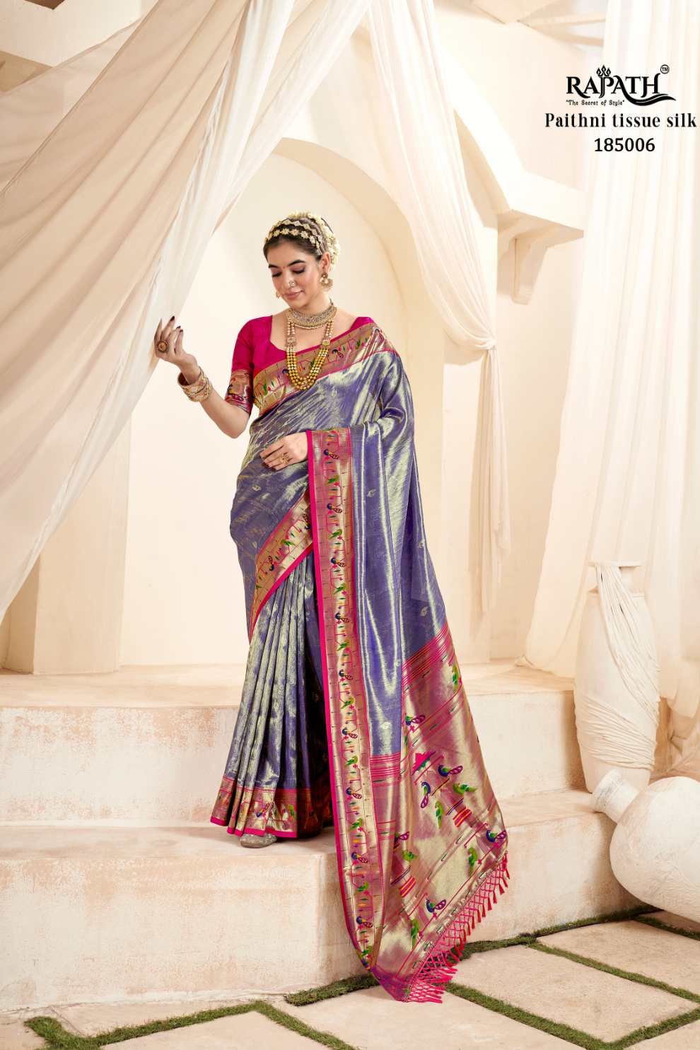 Pure Paithani Tissue Silk Saree with Rich Zari Border - LaVante Fashion